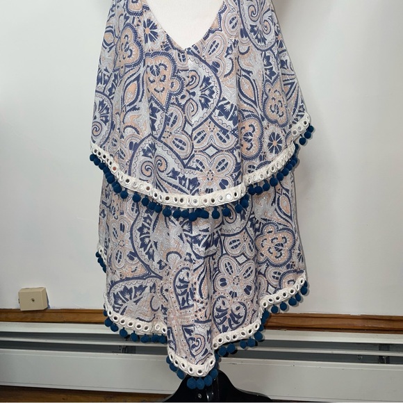 Tularosa Evolette Blue & White Paisley Pom-Pom Metallic Thread Mini Dress Size M - Picture 8 of 16